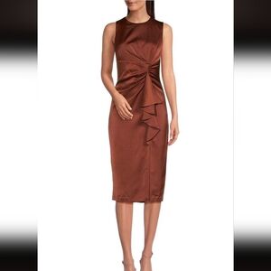 Vince Camuto Satin Tuck Waist Ruffle Skirt Midi Dress